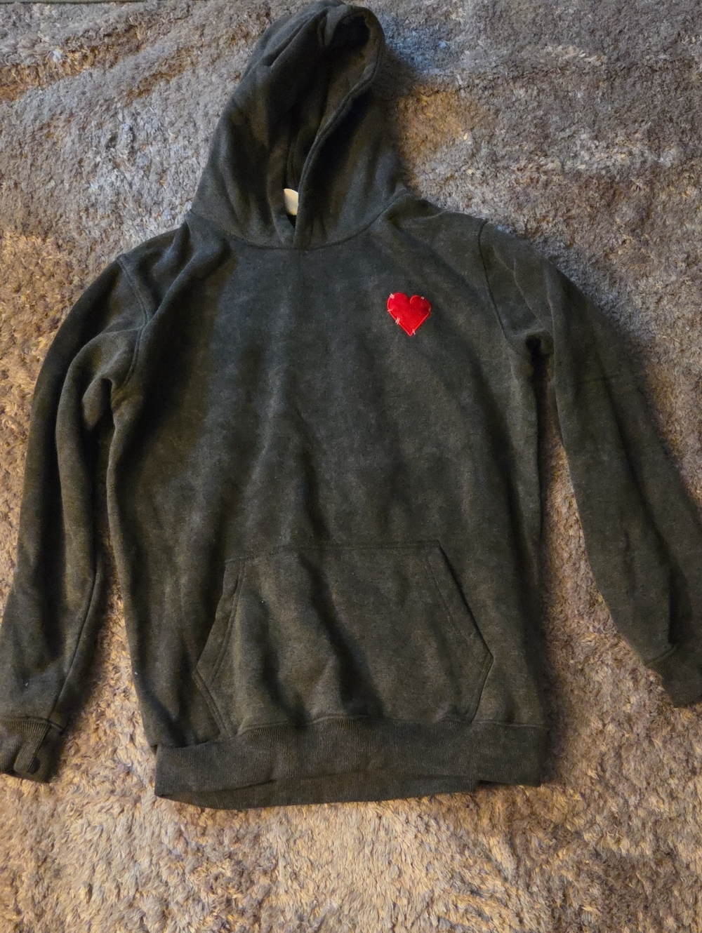 Cozy Charcoal Hoodie with Red Heart Accent